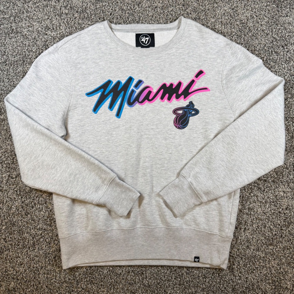 47 Brand Miami Heat Mens Medium Gray Vice City NBA Crewneck Sweatshirt
